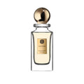 Perfume bottle with gold cap and label on a white background